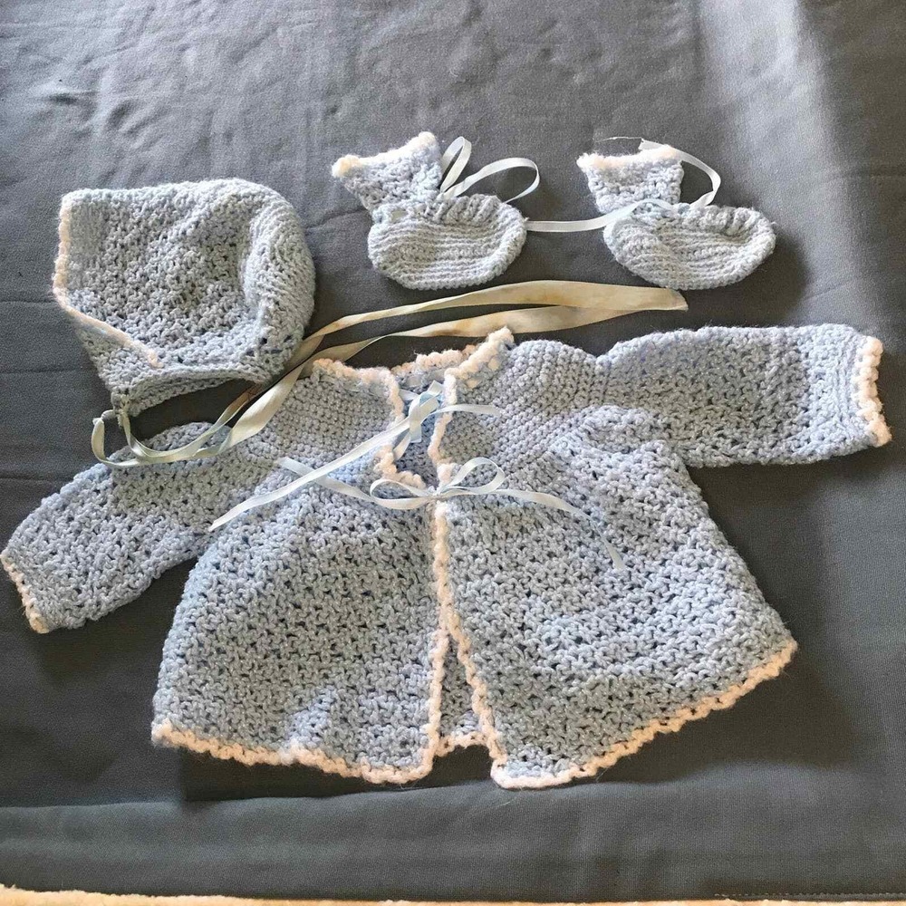 Homemade Baby Blue‎ Sweater Hat Booties Crochet Set